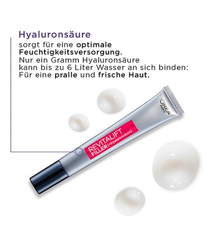 Eine Tube Revitalift Filler HA aufpolsternde Pflege fuer das Auge auf weißem Grund mit Hyaluronsaeure